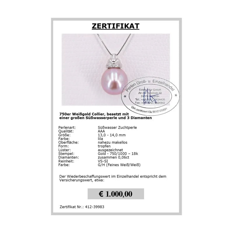 Collier mit Perle und Diamanten Zertifikat