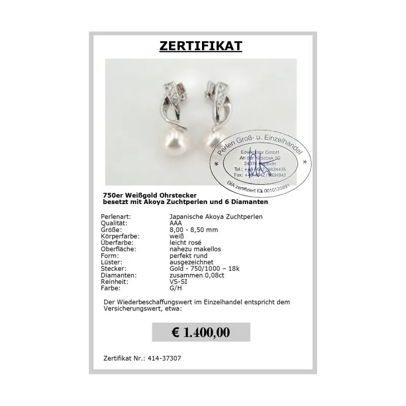 Akoya Perlen Ohrstecker Gold 750er - Zertifikat