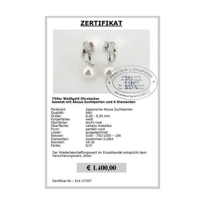 Akoya Perlen Ohrstecker Gold 750er - Zertifikat