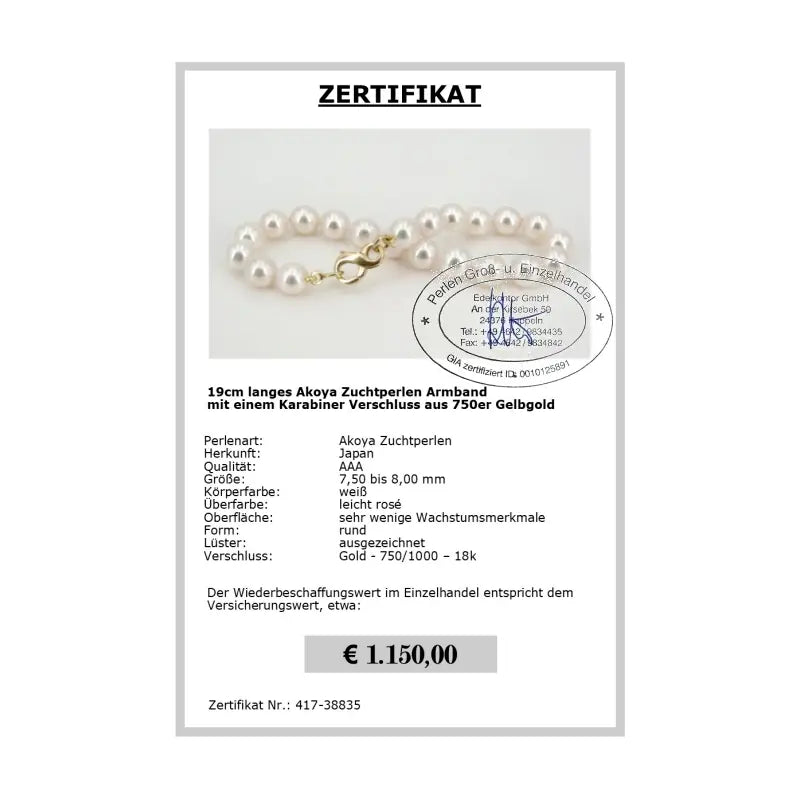 Akoya Perlen Armband - Zertifikat