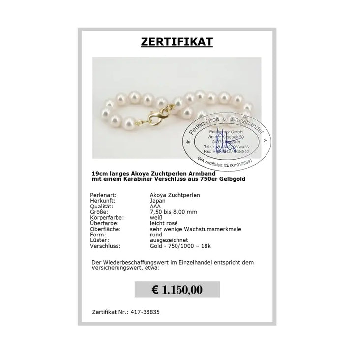 Akoya Perlen Armband - Zertifikat