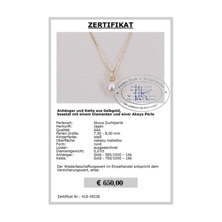 Anhänger mit Akoya Perle - Zertifikat