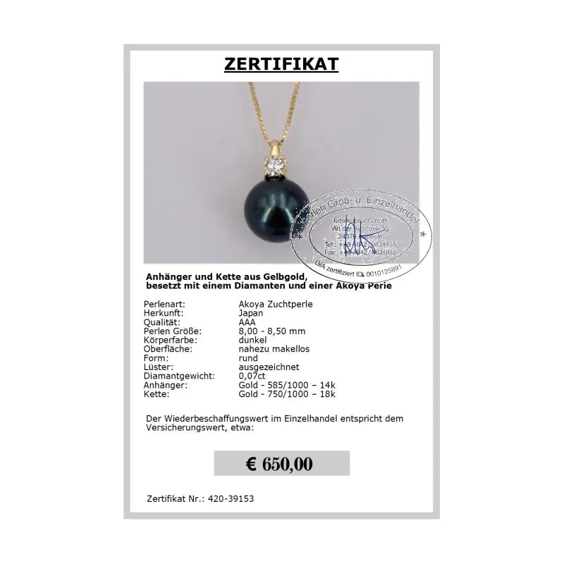 Diamant Anhänger mit Akoya Perle - Zertifikat