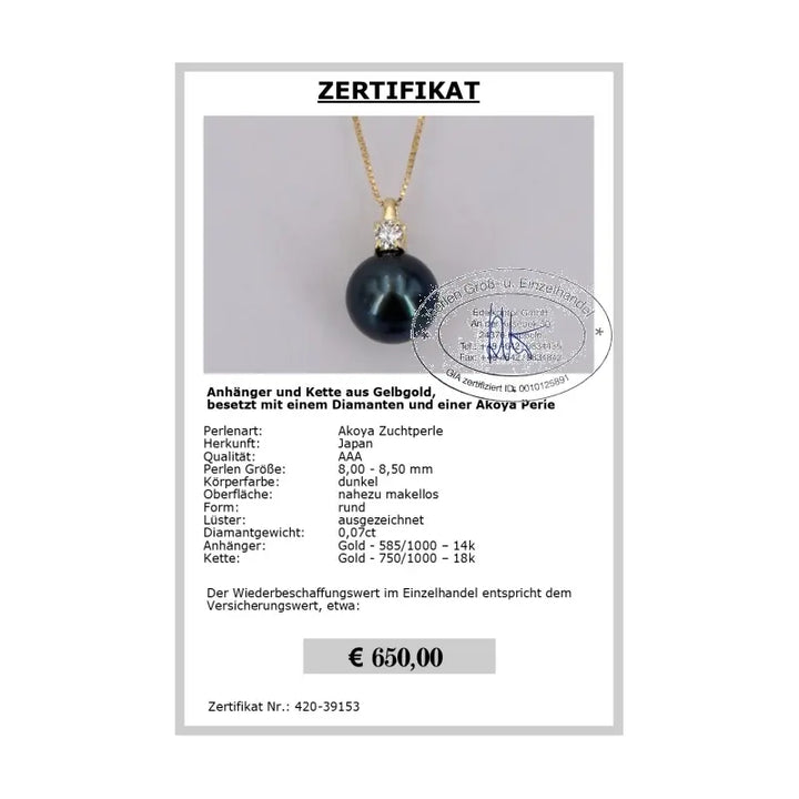 Diamant Anhänger mit Akoya Perle - Zertifikat