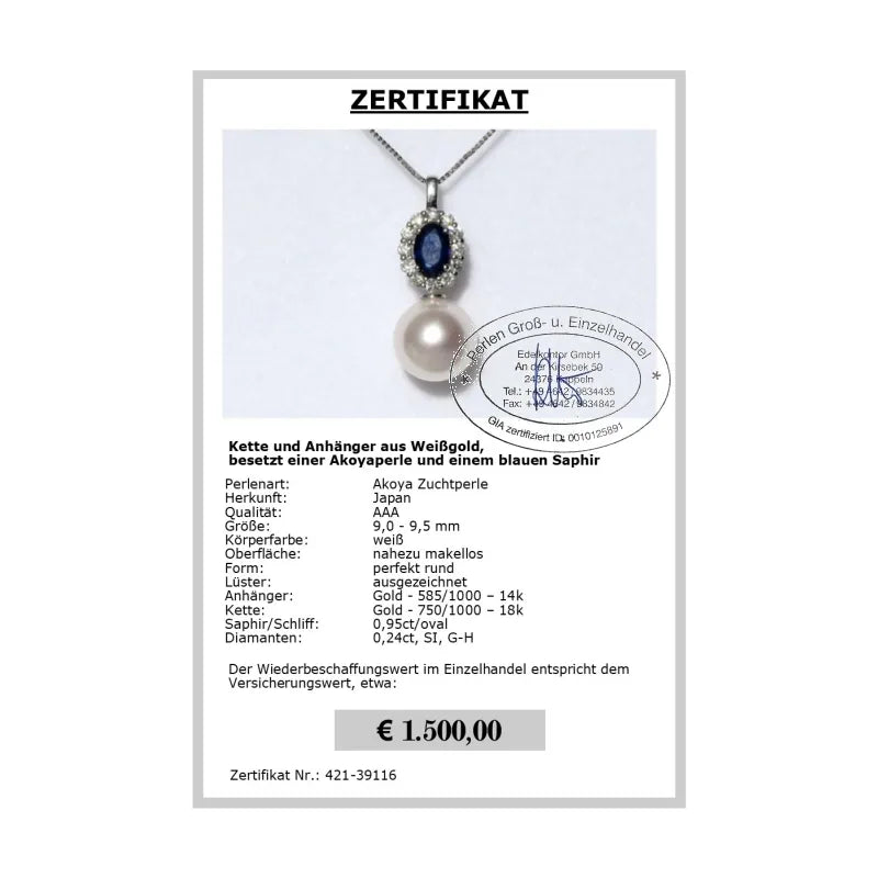 Saphir Anhänger mit Perle - Zertifikat