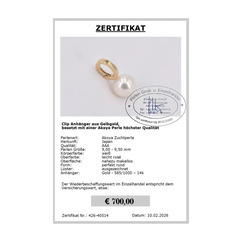 Perlen Anhänger Gelbgold Zertifikat