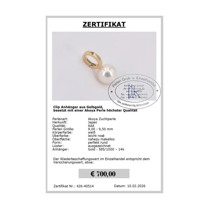 Perlen Anhänger Gelbgold Zertifikat