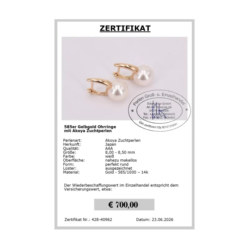 Akoya Perlen Ohrringe Gold Zertifikat