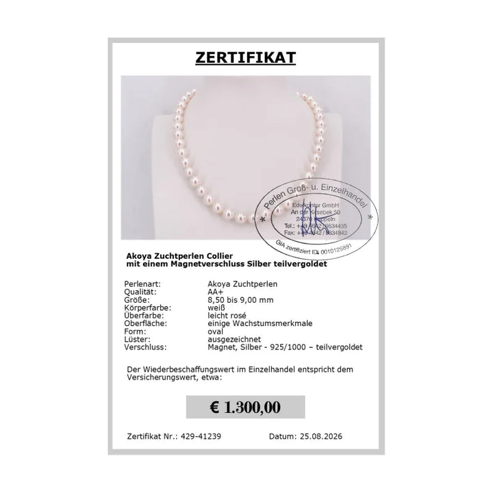 echtes Akoya Perlencollier - Zertifikat