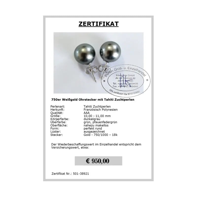 Ohrstecker Tahitiperle Zertifikat