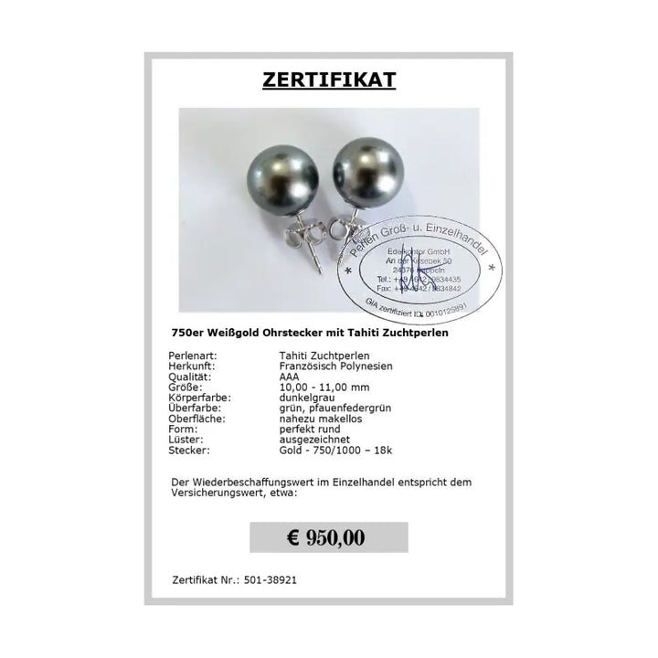Ohrstecker Tahitiperle Zertifikat