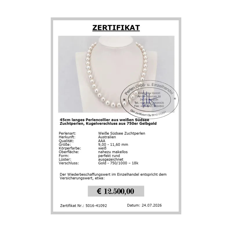 Weiße Südsee Perlenkette Zertifikat