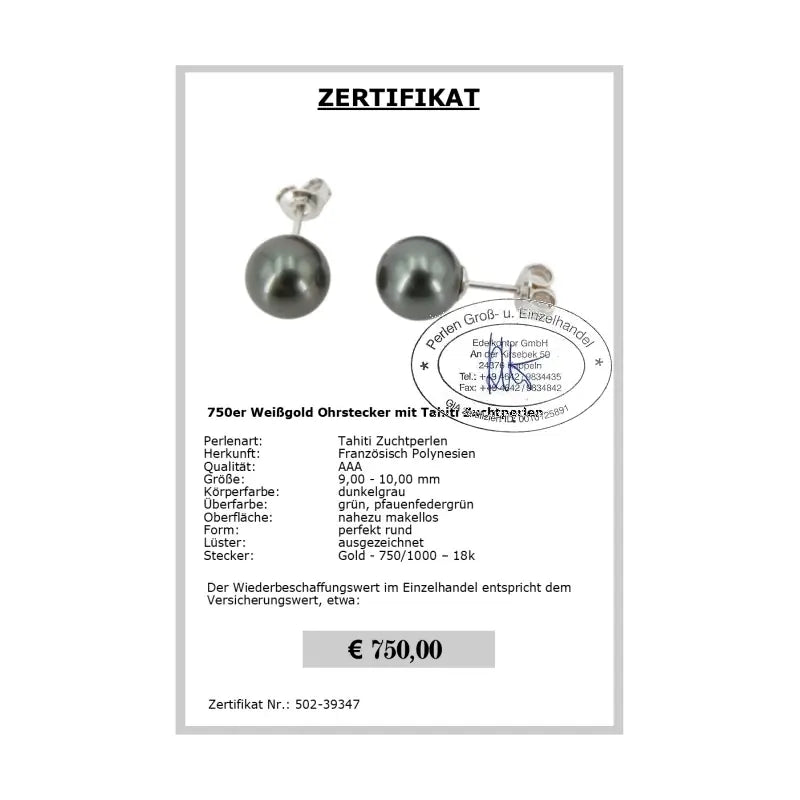 Tahiti Ohrstecker Zertifikat