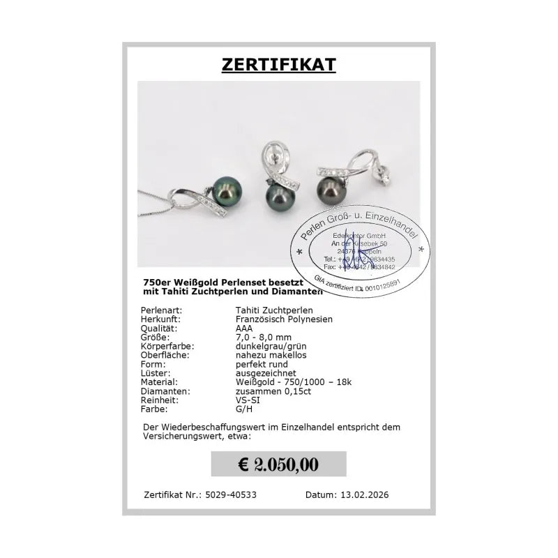 Tahitiperlen Schmuck Set Zertifikat