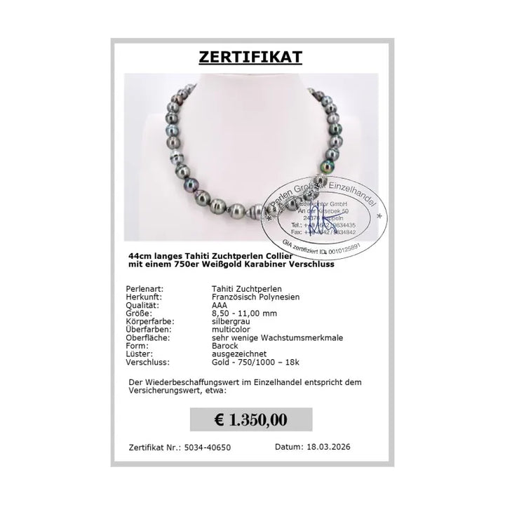8.5 - 11.0 mm graue Tahiti Perlenkette mit 750er Goldverschluss