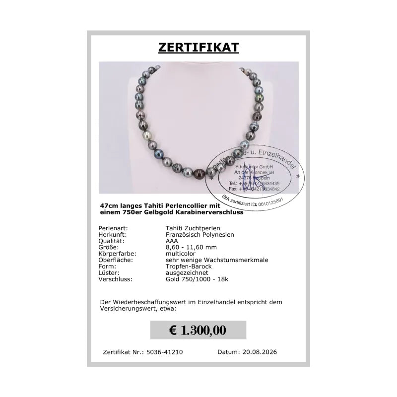Tahitiperlen Collier - Zertifikat