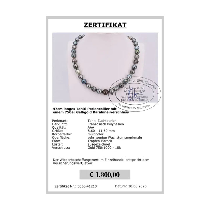 Tahitiperlen Collier - Zertifikat