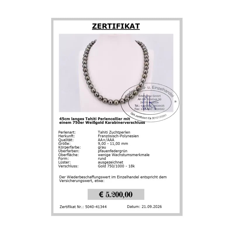 Tahitiperlen Collier - Zertifikat