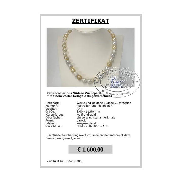 Südseeperlen barock Zertifikat