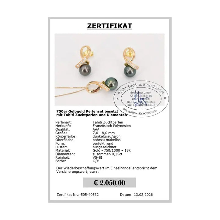 Schwarze Perlen Schmuck Set Zertifikat
