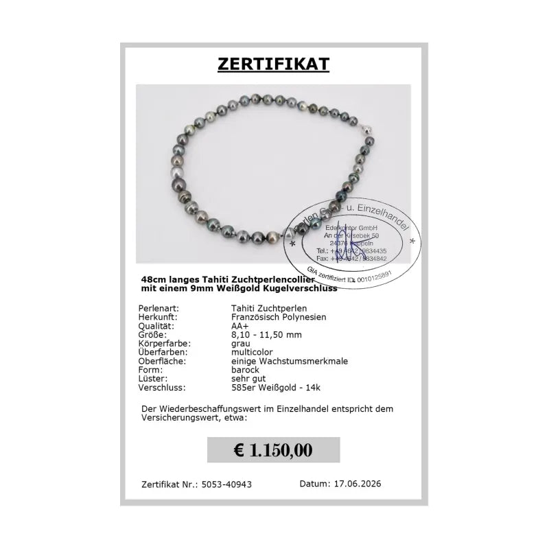 Tahitiperlen Kette Grau-Multicolor Zertifikat