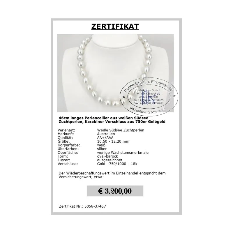 Südseeperlen Halskette Zertifikat