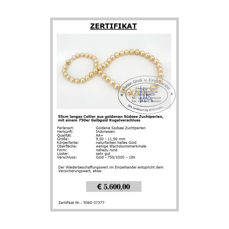 Halskette aus goldene Südseeperlen Zertifikat