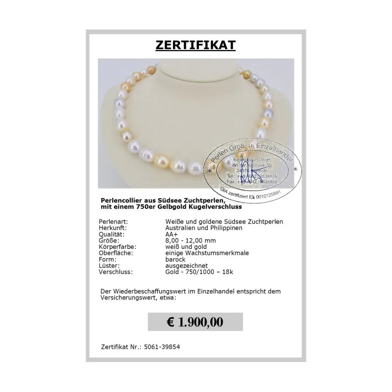 Perlencollier aus Südseeperlen Zertifikat