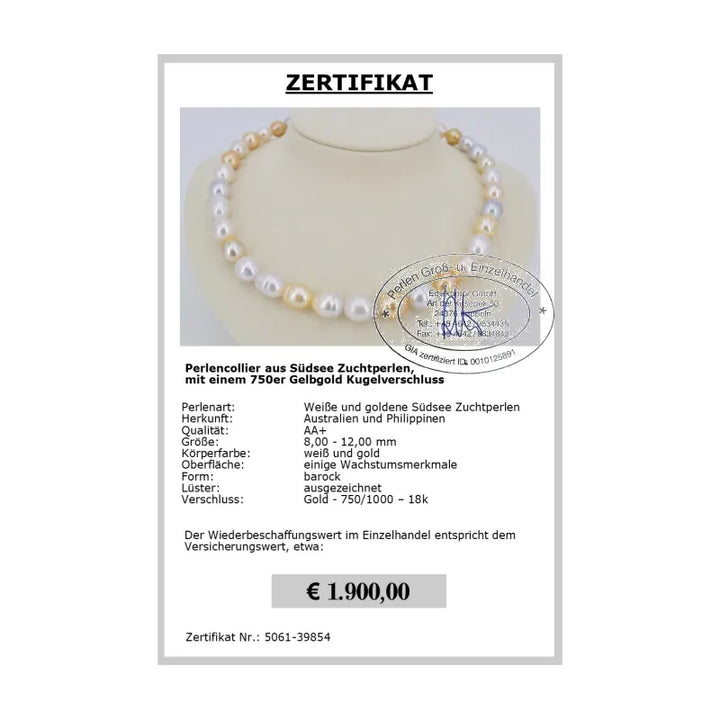 Perlencollier aus Südseeperlen Zertifikat
