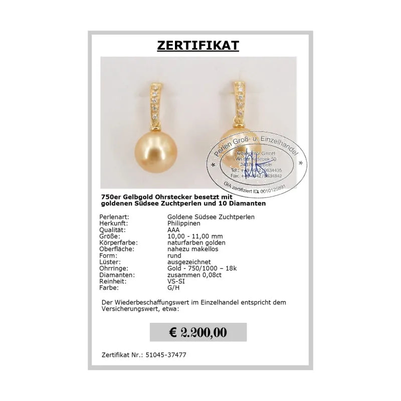 Sale Goldene Südsee Ohrstecker Zertifikat