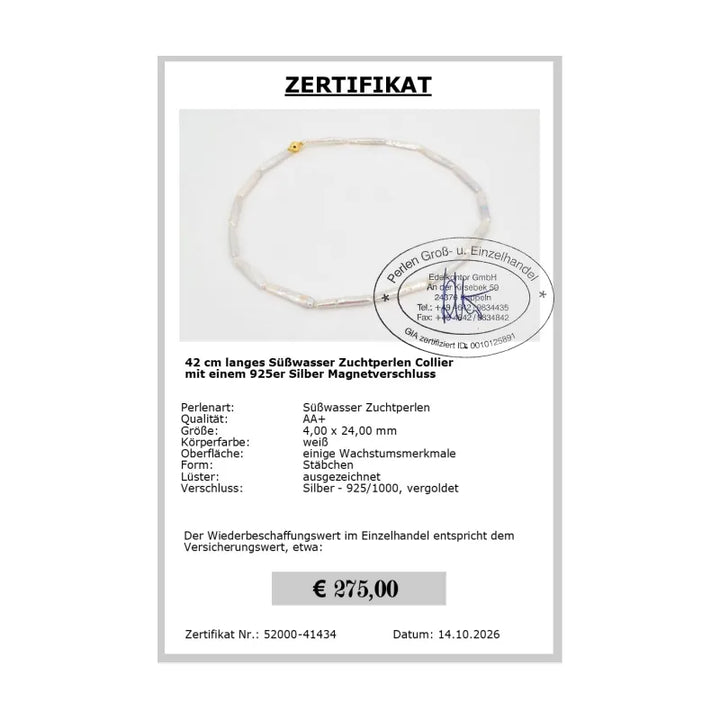 Süßwasser Perlenkette modern - Zertifikat