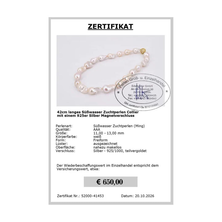 Sale Süßwasser Perlencollier Zertifikat