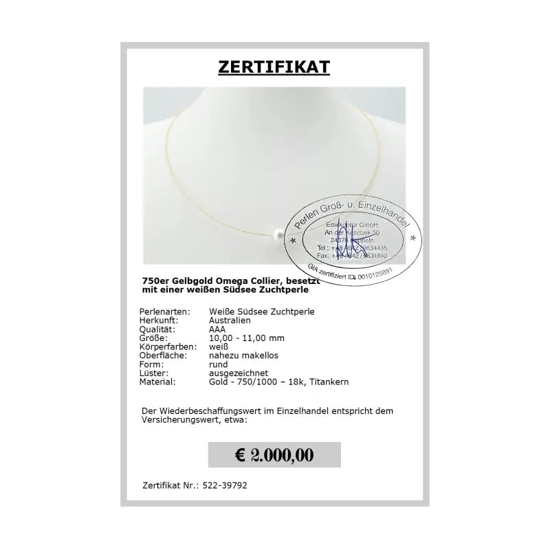 Omega Kette mit weißer Südseeperle Zertifikat