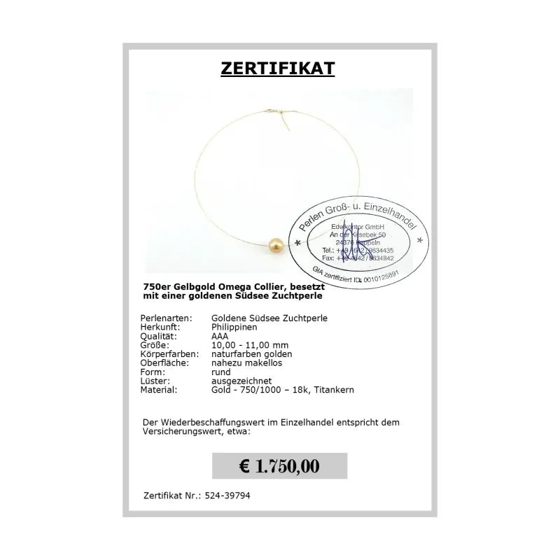 Gelbgold Omegakette mit Südseeperle Zertifikat