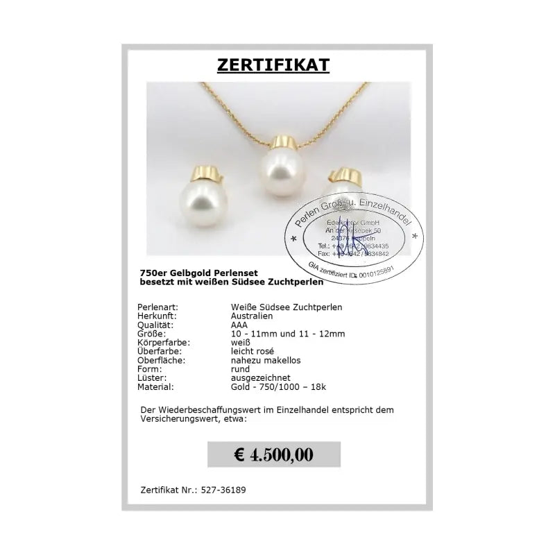 Gold Schmuck Südseeperlen Set Zertifikat
