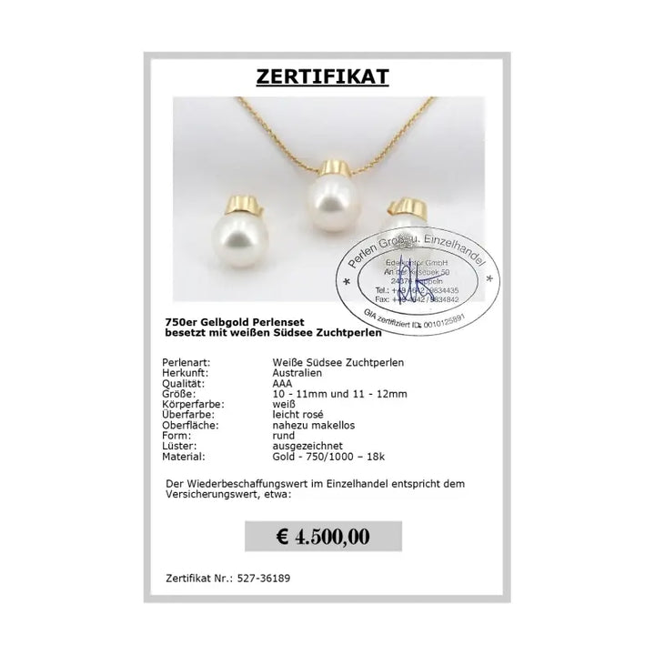 Gold Schmuck Südseeperlen Set Zertifikat