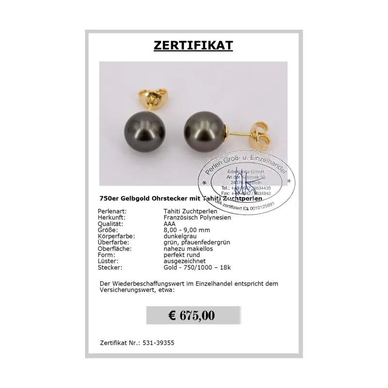 Schmuck Perlen Ohrstecker Zertifikat
