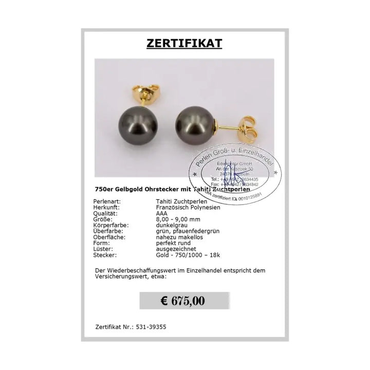 Schmuck Perlen Ohrstecker Zertifikat