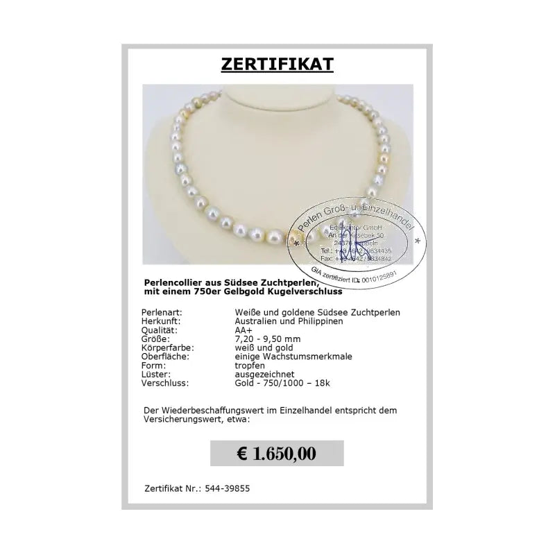 Südsee Perlenkette Zertifikat