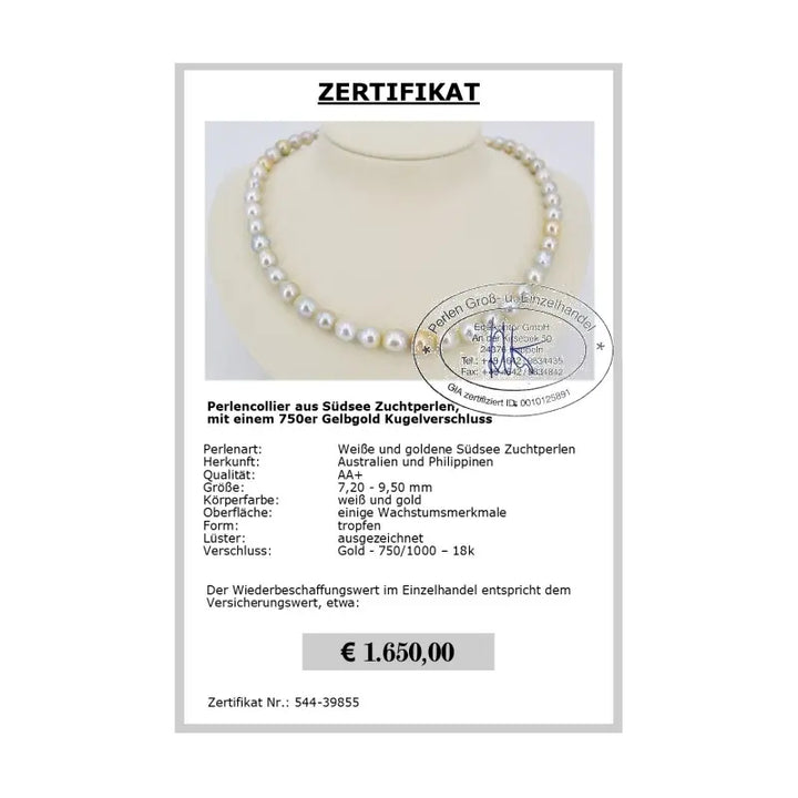 Südsee Perlenkette Zertifikat