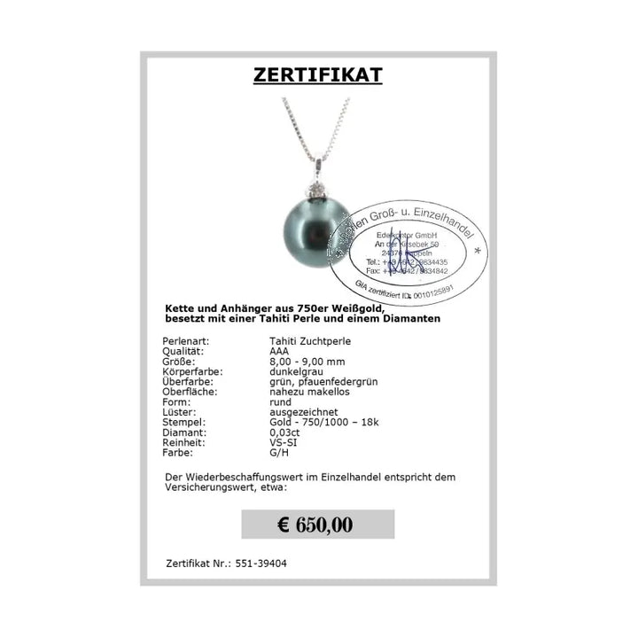 Tahitiperlen Diamant Anhänger Zertifikat