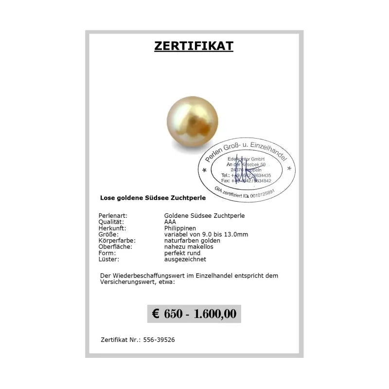 Goldene Südseeperle Zertifikat