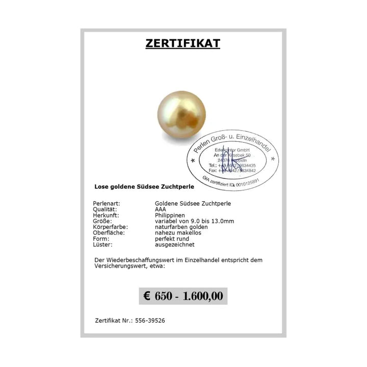 Goldene Südseeperle Zertifikat