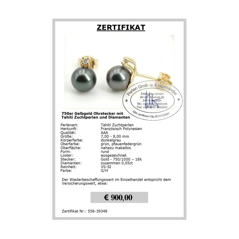 Tahitiperlen Ohrstecker Zertifikat