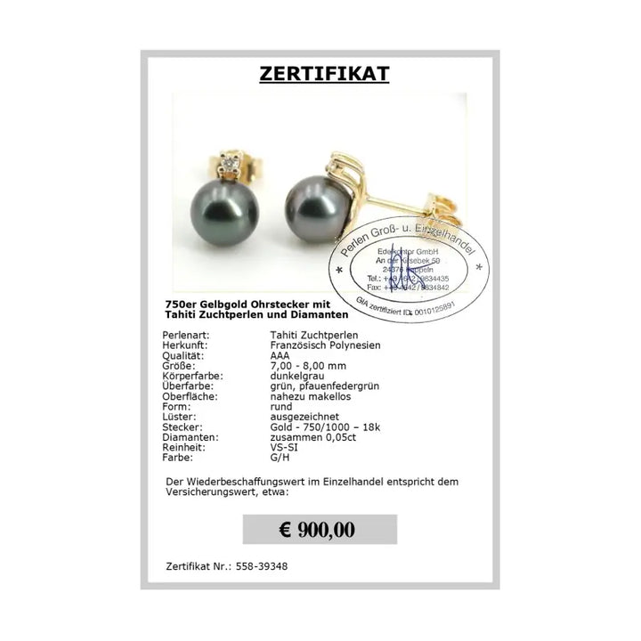 Tahitiperlen Ohrstecker Zertifikat