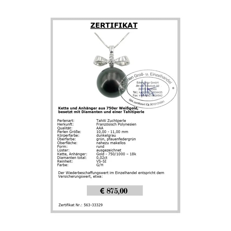 Anhänger mit Tahitiperle Zertifikat