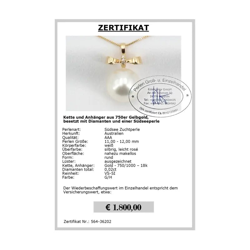 Südseeperlen Anhänger Zertifikat