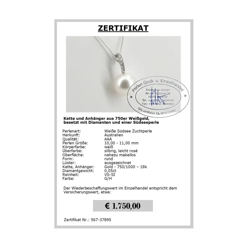 Weißer Südsee Perlen Anhänger Zertifikat