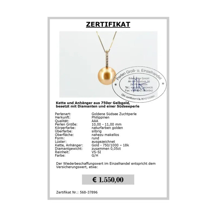 Goldene Südsee Perlen Zertifikat