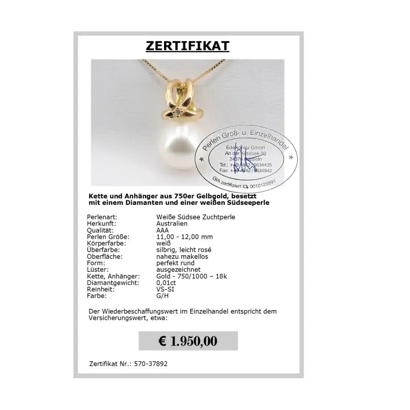 Perlenhalskette mit Anhänger und Südseeperle Zertifikat